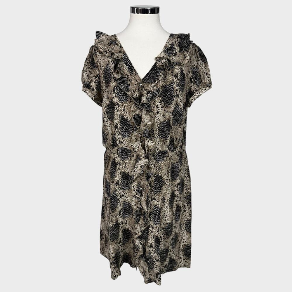 INC International Concepts 100% Silk Dress 16 Snake Print Ruffle Short Sleeve